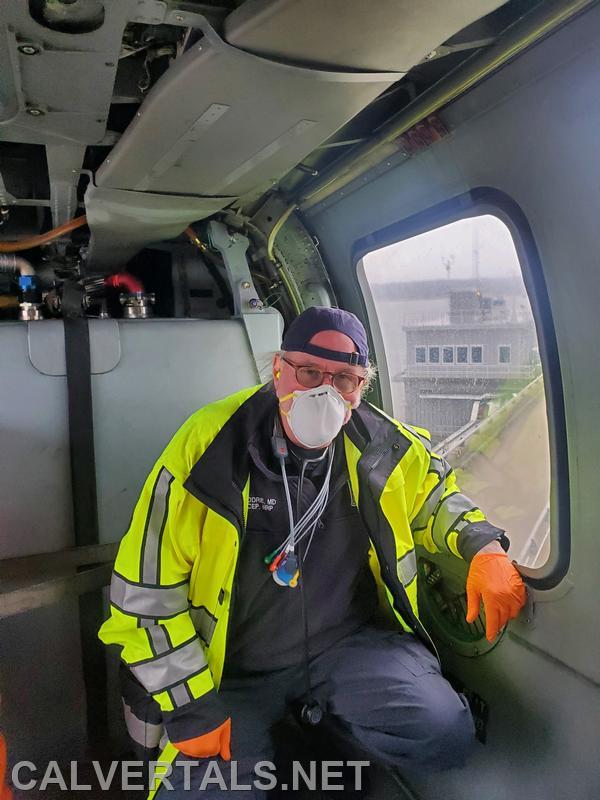 Dr. T Jodrie in charge of patient care today in the Navy SAR aircraft.