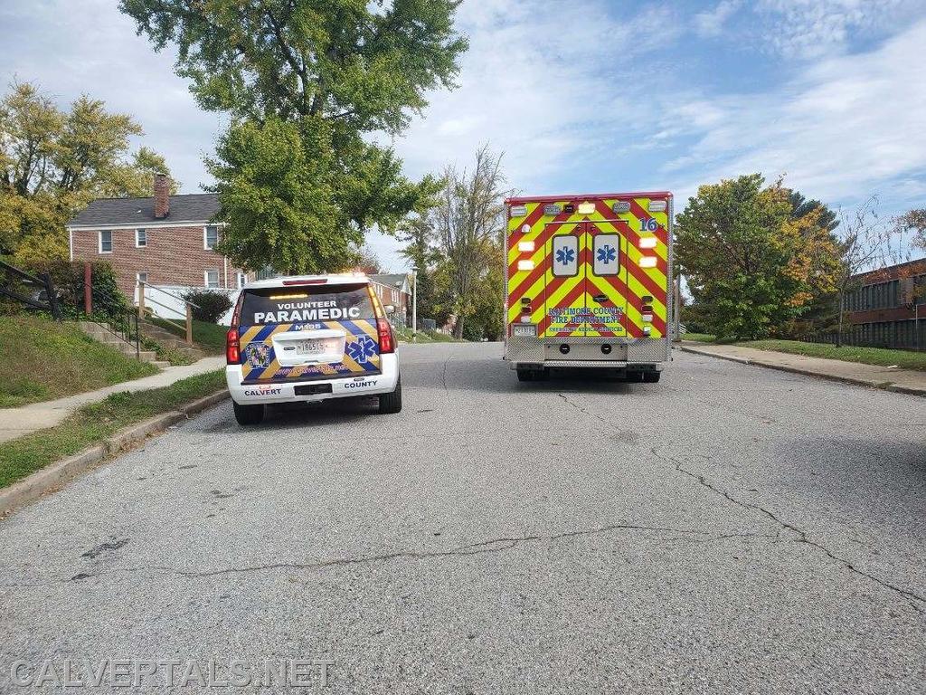 M105 on scene of a reported cardiac arrest with Baltimore Co Paramedic Ambulance.